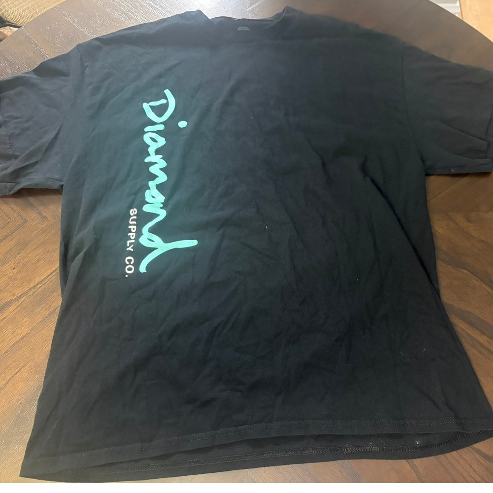 Diamond Supply Co Mens XL Black T-Shirt Teal Script Logo Short Sleeve Skate Tee